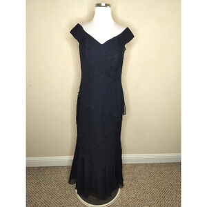 Scaravelli Vintage Navy Silk Chiffon Gown Beaded Flowy Layered